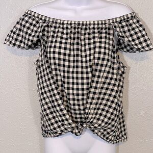 J. Crew Black and White Gingham Off-Shoulder Blouse